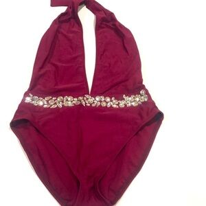 AnneKlein bejeweled halter hi leg one piece swimsuit size 10/12